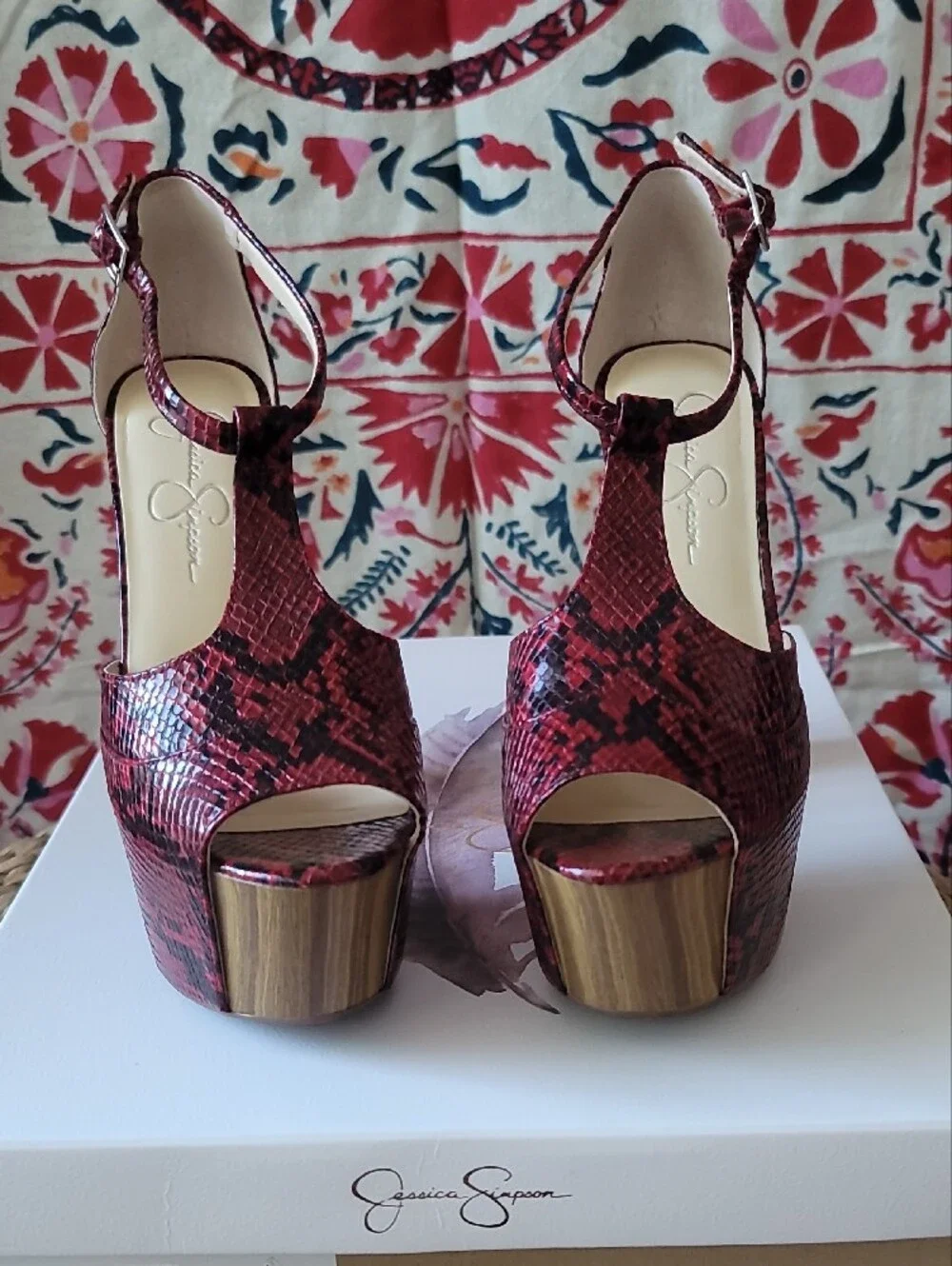 Jessica Simpson Wicked Red Phoenix Snake-Print Platform Peep-Toe Platform Heels